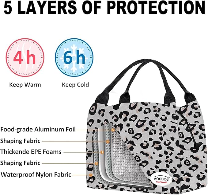 Aosbos Lunch Bags for Adult Lunch Box for Women Insulated Lunch Cooler Bag Loncheras Para Mujer Meal Prep Lunch Pail Lunch Tote Bag for Work Office Picnic, Leopard