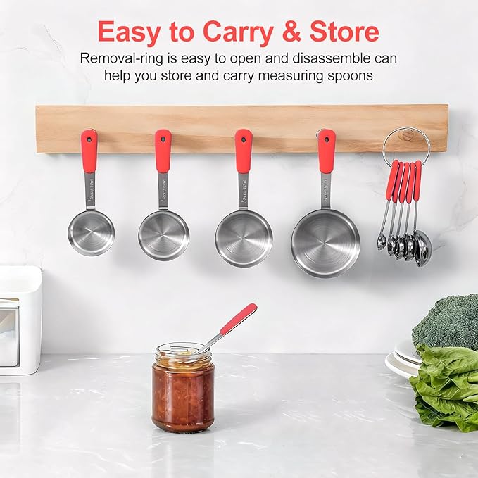 Measuring Cups and Spoons Set Stainless Steel 10 Piece for Cooking and Baking (5 Cups + 5 Spoons, Red Handle)