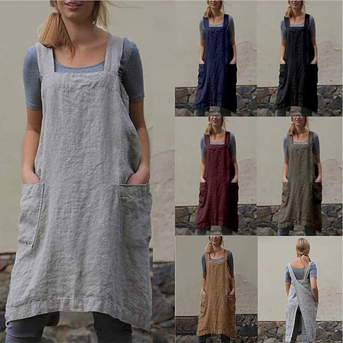 YESDOOD Cotton Linen Apron Cross Back Apron for Women with Pockets Pinafore Dress for Baking Cooking