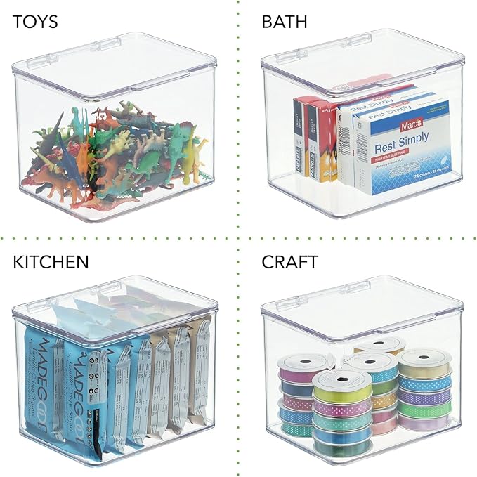 mDesign Plastic Kitchen Pantry and Fridge Storage Organizer Box Containers w/Hinged Lid for Shelves or Cabinets, Holds Food, Snacks, Seasoning, Condiments, Utensils, Lumiere Collection, Clear