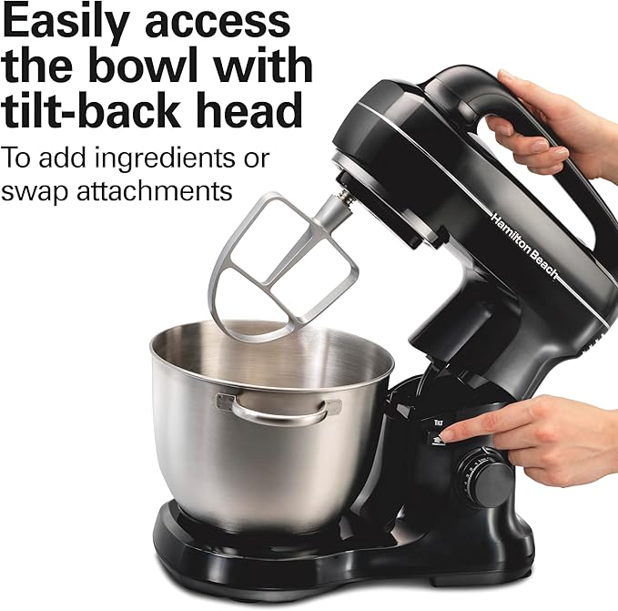 Hamilton Beach Electric Stand Mixer, 4 Quarts, Dough Hook, Flat Beater Attachments, Splash Guard 7 Speeds with Whisk, Easy-Carry Top Handle, Black