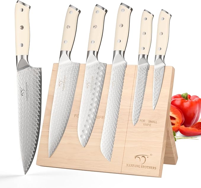 NF Damascus Kitchen Knife Set, NANFANG BROTHERS 6-Piece Damascus Steel VG10 Kitchen Knife Set with Wood Magnetic Knife Holder Block Professional Chef's Knife with Sharp Blades and ABS Ergonomic Handle