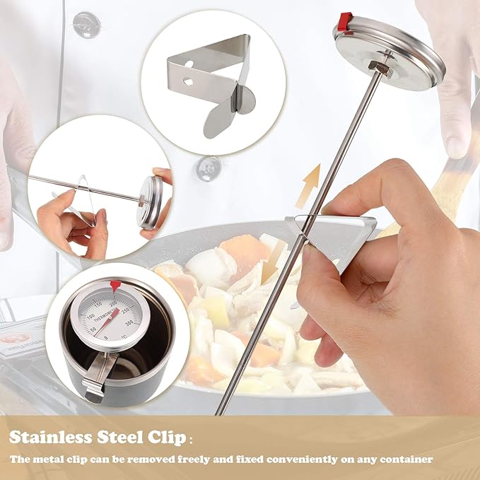 Weewooday 2 Pcs Stainless Steel Turkey Fryer Thermometer with Pot Clip 12 15 Inch Long Deep Fry Thermometer Instant Read 2.1 Inch Dial Weatherglass for Candy BBQ Oil Grill Beef Meat Kitchen Cooking