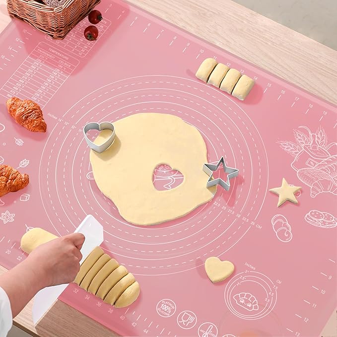 Silicone Pastry Mat 32" x 24" Extra Thick Non Stick Baking Mat with Measurements and Edge Heightening, Food Grade Silicone Rolling Mat for Pastry, Bread, Cookies, Pizza, Fondant, Pasta - Pink