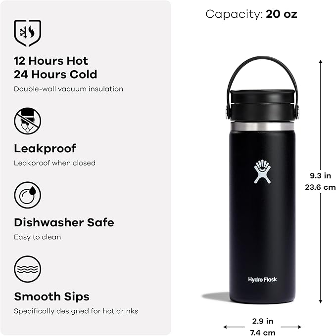 Hydro Flask Wide Mouth Bottle with Flex Sip Lid - Insulated Water Bottle Travel Cup Coffee Mug White 20 oz