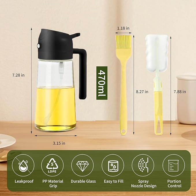 Oil Dispenser for Kitchen, 2 in 1 Olive Oil Sprayer, Olive Oil Dispenser Spray Bottle with Brush, Oil Sprayer for Cooking for Air Fryer, Barbecue, Salad 16oz/470ml (Black)