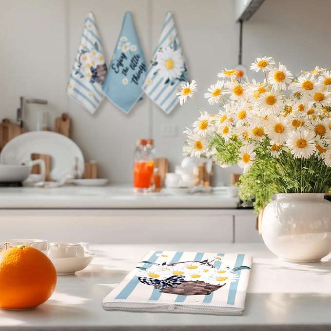 Boyiee Set of 6 Daisy Flower Kitchen Towels Daisy Stripes Tea Towels Floral Absorbent Dishtowels 24 x 16 Inches Housewarming Gifts Blue Hand Wash Cloth for Farmhouse Kitchen Bathroom Decorations