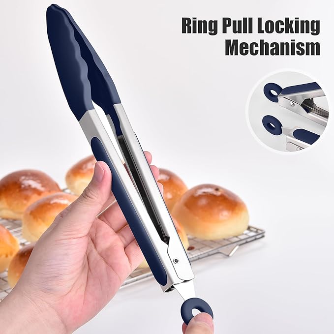 Doosu Kitchen Tongs for Cooking - 600°F Heat Resistant Food Tong Set with Non-Scratch Silicone Tips, Heavy Duty Stainless Steel Locking Tong for BBQ, Grilling Steak, Serving (7+9+12in, Navy Blue)