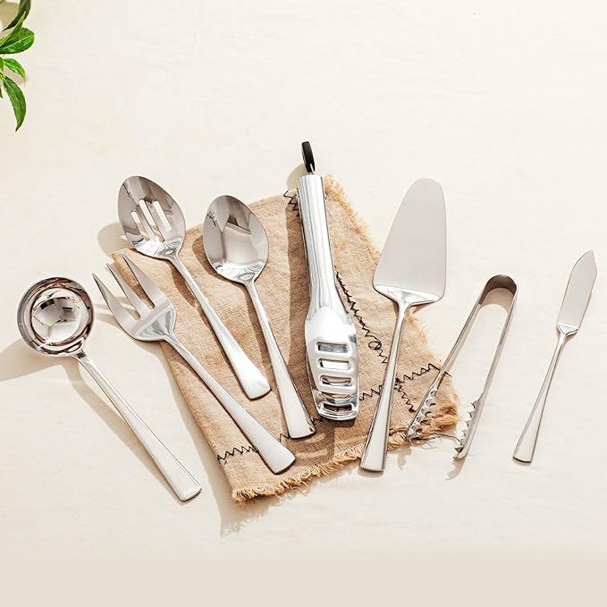 KINGSTONE 16 Piece Serving Utensils Set, 18/10 Stainless Steel Serving Utensils, Slotted Spoon, Fork, Tong, Soup Ladle, Cake Server, Butter Knife and Ice Tong for Buffet, Parties, Kitchen