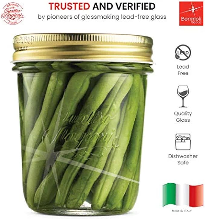 Bormioli Rocco Quattro Stagioni 10.75 oz Glass Preserving Jar (Set of 12) - Wide‑Mouth Twist‑Top Canister with Airtight Seal - Bee embossed Storage & Serving Vessel - Made in Italy, BPA‑Free