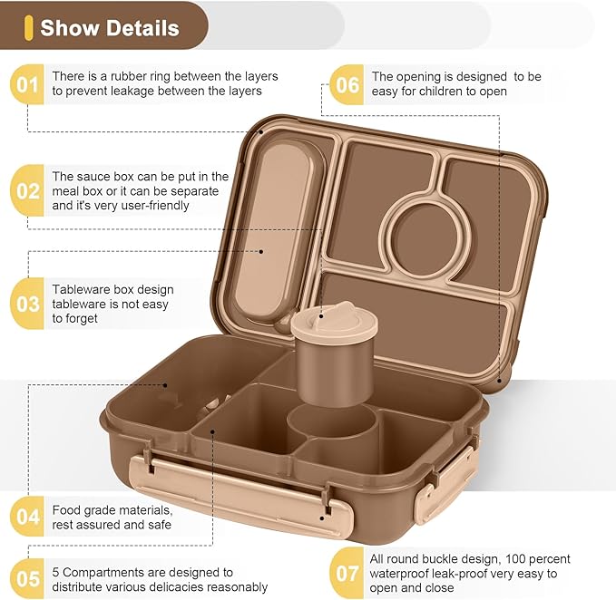 Bento Box Adult Lunch Box Kids,Lunch Containers for Adults/Kids/Toddler,5 Compartments Bento Lunch Box with Sauce Vontainers,Microwave & Dishwasher & Freezer Safe,BPA-Free (Brown)