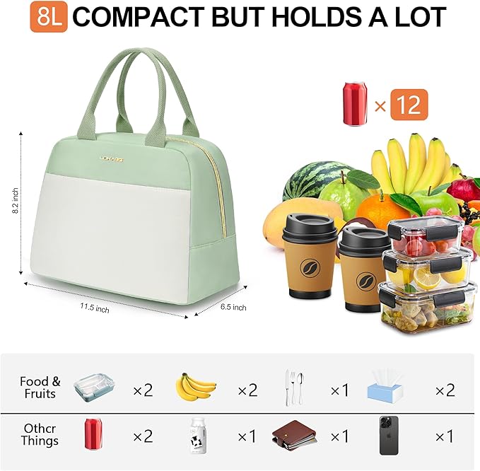 LOKASS Lunch Bag for Women-Insulated Adults Lunch Box with Front Pocket- Small Cute Lunch Tote for Work-Reusable Cooler Bag for Office Picnic Beach or Travel (Light Green)