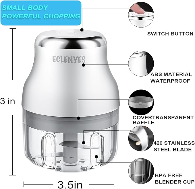 Vegetable Chopper, 100ML Electric Garlic Chopper, USB Rechargeable Mini Blender, Powerful Small Food Processor, Blender to Vegetable, Wireless Food Cutter for Ginger, Chili, Fruit, Meat, etc