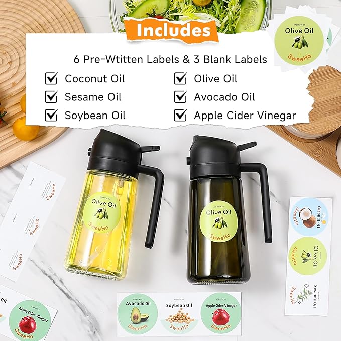 Oil Sprayer for Cooking,470ml Cooking Olive Oil Sprayer and Oil Dispenser 2 In 1, Food-grade Glass Oil Spray Bottle Mister for Air Fryer, BBQ, Griddle (Black+dark green glass and color label)