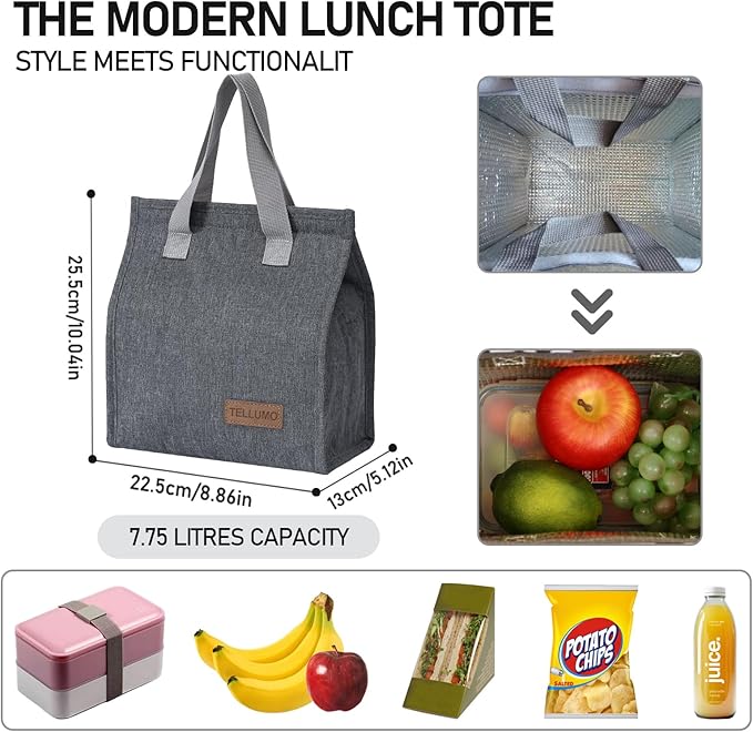 TELLUMO Lunch bag, Insulated Lunch Bag for Women Men Large Lunch Box Container Reusable Leakproof Tote for Office, Work, School, Beach or Travel (Grey)