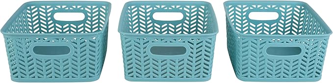Simplify 3 Pack Small Herringbone Storage Basket, Dimensions: 10"x8"x4", Herringbone Design, Light Weight, Great for Bathroom, Kitchen, Office, Closet, 2 Open Handles, Dusty Blue