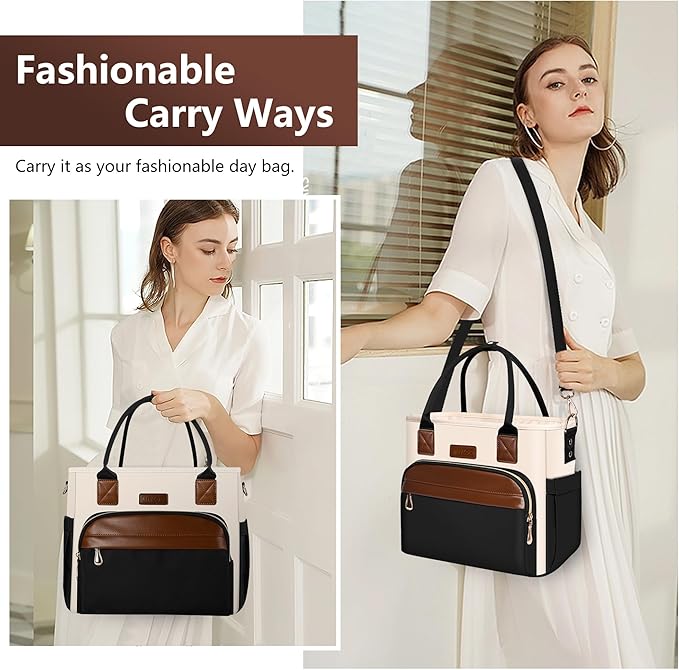 Lunch Bag Lunch Box Women - Leakproof Insulated Lunch Cooler Bag for Women - Large Lunch Tote Bags Adults, Black with Off White with Brown