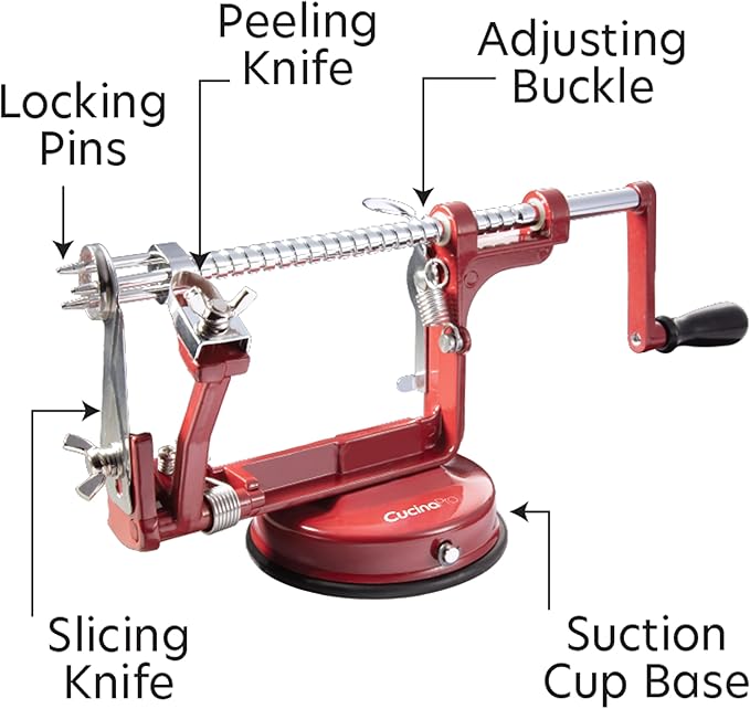 Apple Peeler and Corer - Durable Heavy Duty Chrome Cast Iron w Powerful Countertop Suction, Hand Crank for Fruits, Potatoes or Veggies, Picking Season- Thanksgiving Pie Dessert Baking, Holiday Gift