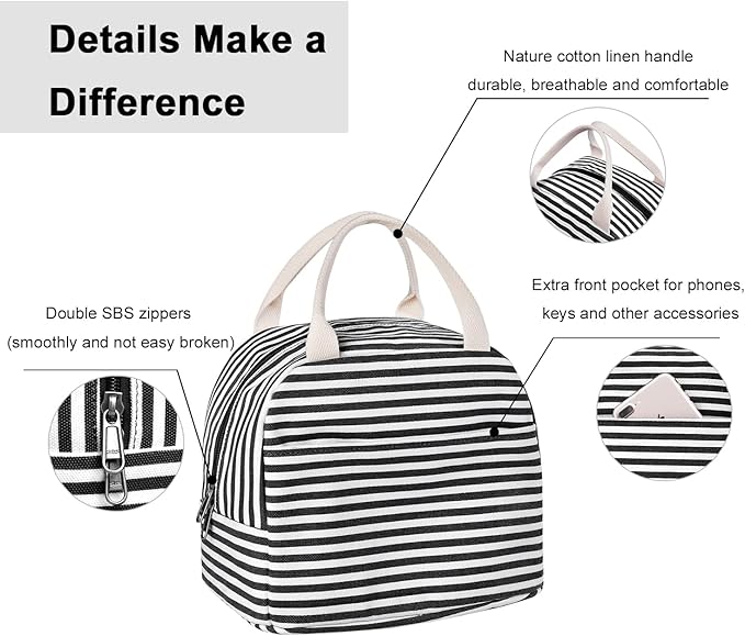 EurCross Canvas Lunch Tote Bag for Women for Work with Black and White Stripes, Reusable Insulated Meal Prep Preppy Lunch Box Bag for Daily Use, Cute Lunch Cooler Bento Boxes Bags
