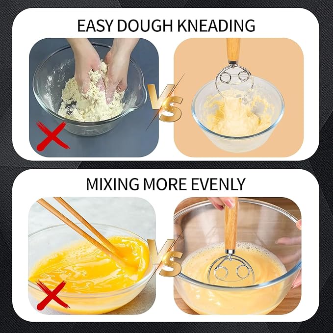 Danish Dough Whisk Stainless Steel with Dough Hook Dutch Style Bread Mixer Tool for Sourdough Baking