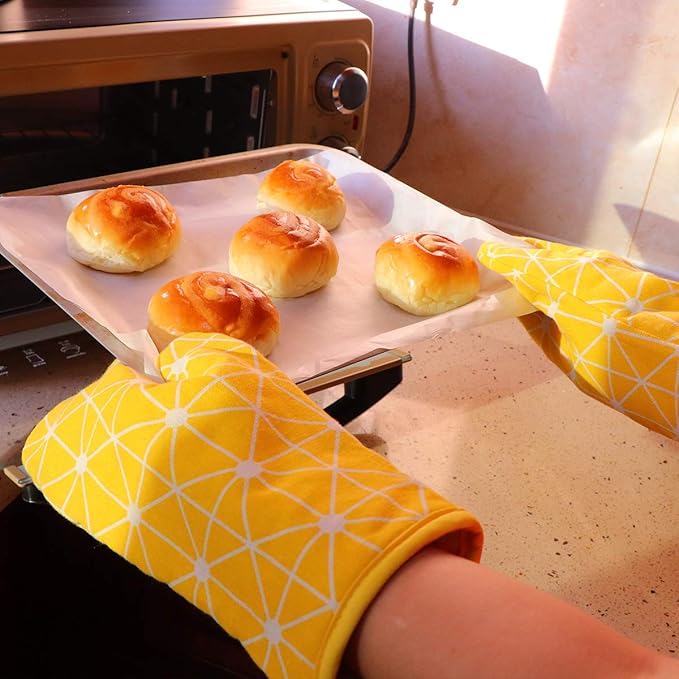 Oven Mitts and Potholders BBQ Gloves-Oven Mitts and Pot Holders with Recycled Infill Silicone Non-Slip Cooking Gloves for Cooking Baking Grilling (4-Piece Set) (Yellow-02)