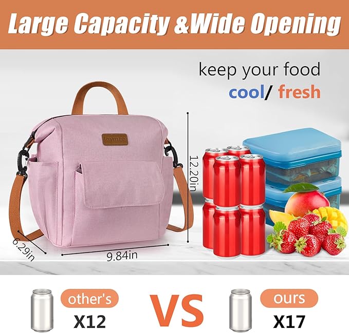 Joymee Lunch Bag Women Insulated Lunch Box Reusable Leakproof Large Spacious Cooler Tote for Women Men Adult with Bottle Holder and Side Pockets for Work Office Travel Picnic -08 Pink