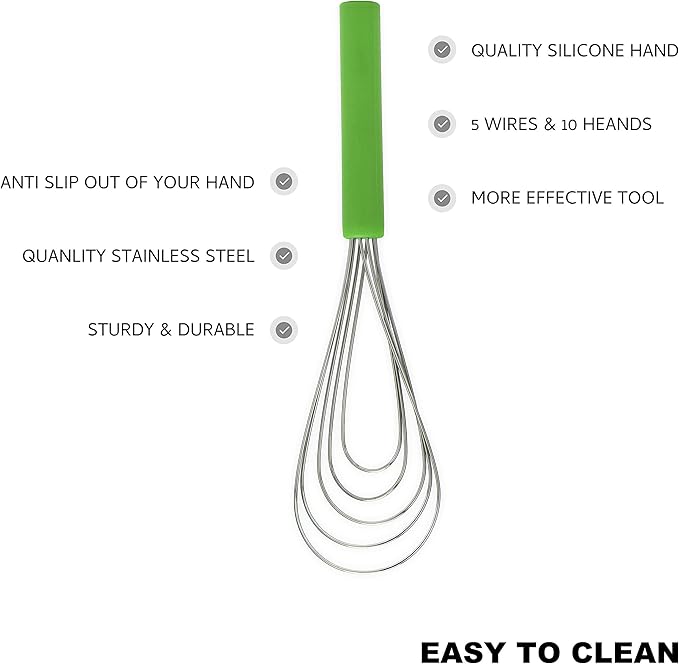 Flat Whisk Silicone Handle Non Slip 10" - 5 Wires Whisk with 10 Heads for Kitchen Cooking by Jell-Cell (Green)