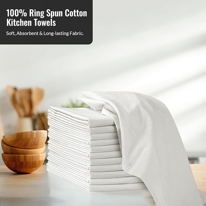 ROYALE LINENS Flour Sack Towels – 12 Pack 28x28 Inch White Kitchen Dish Towels – 100% Cotton Tea Towels for Bread Proofing, Cheese Straining, Baking, Cleaning, Drying, Embroidery, Multipurpose Use