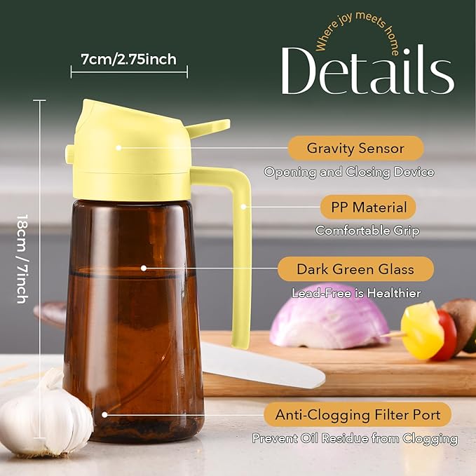 YARRAMATE 16oz/470ml Light Blocking Oil Sprayer for Cooking with Stickers, Food-Grade 2 in 1 Olive Oil Dispenser Bottle for Kitchen, Premium Dark Amber Glass Oil Bottle for Air Fryer, BBQ (Pomelo)