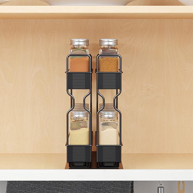 SpaceAid Pull Out Spice Rack Organizer with 20 Jars for Cabinet, Slide Out Seasoning Kitchen Organizer, Cabinet Organizer, with Labels, 5.2" W x10.75 D x10 H, 2 Drawers 2-Tier