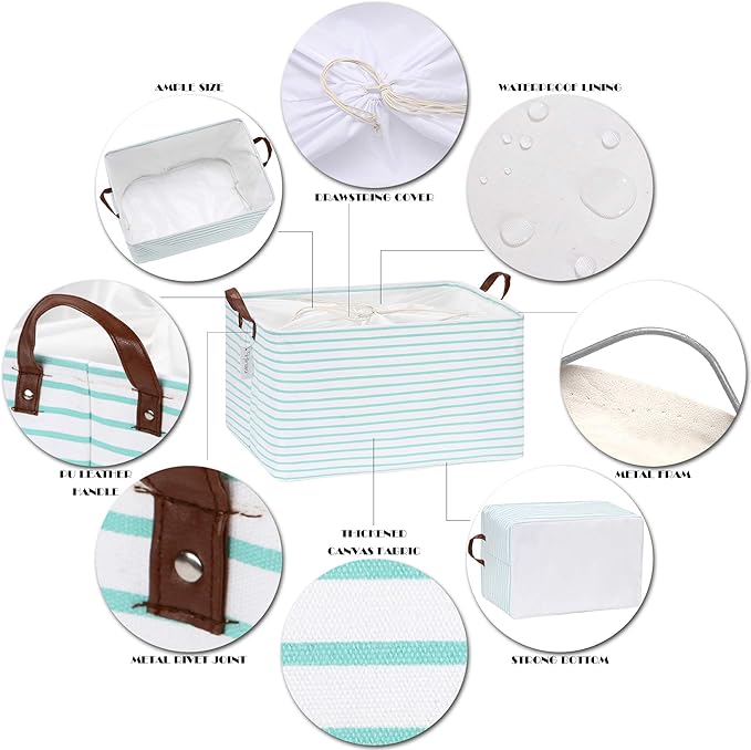 Hinwo 70L Extra Large Storage Bins, Closet Organizers and Storage, Foldable Clothes Storage Baskets with Handles, Containers for Clothing, Blanket, Comforters, Toys, Bedding (Mint Stripe)
