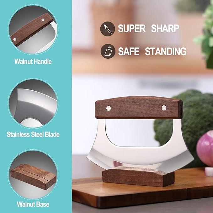 Ulu Knife - Sharp Rocker Mezzaluna Knife with Stand for Cutter Pizza, Meat, Vegetables, Herb, Salad, Stainless Steel Blade, Walnut Wood Handle, Kitchen Essentials Accessories and Gadgets Tools