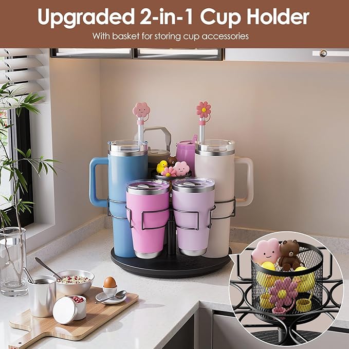 Water Bottle Organizer for 20/30/40oz Stanley & Other Large Tumbler, 6 Slots Stanely Cup Organizer with Straw Sleeve, Cup Bottle Holder for Cabinet Home Countertop Pantry Shelf, Black