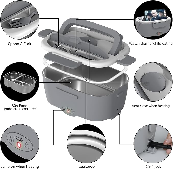 Heated Lunch Box for Men&Women - 80W Electric Lunch Box for Adults with Dual 1.5L 304 Stainless Steel Containers Fast Heating Portable Food Warmer for Car&Truck lonchera eléctrica portátil