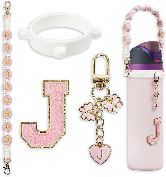 Cute Letter Charm Set Compatible with Owala Water Bottle 24 oz, 32 oz, 40 oz, Owala Kids, Owala Coffee Tumbler, Owala FreeSip – Includes Handle Strap, for Owala Accessories & Stanley Cup Accessories