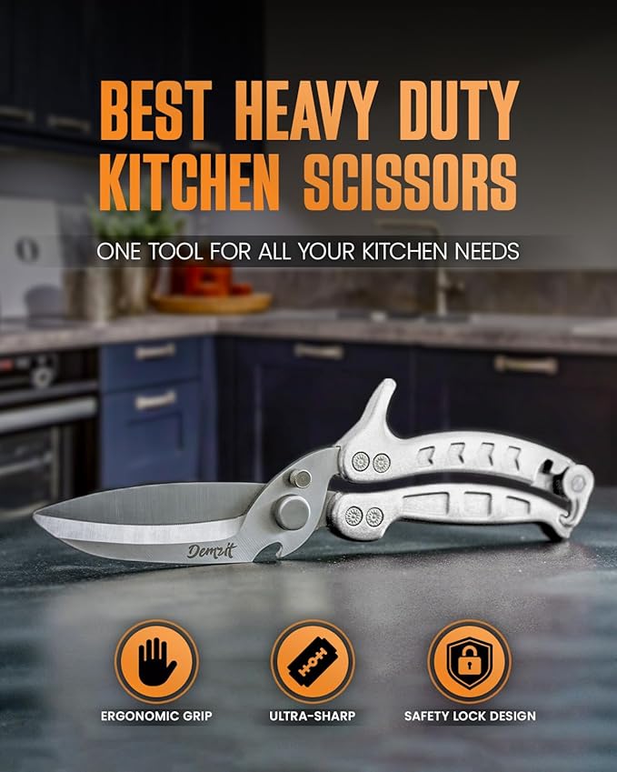 Poultry Shears Heavy Duty Professional, Kitchen Shears for Food, Kitchen Scissors Heavy Duty, Food & Meat Scissors, Dishwasher Safe Chicken Cutters. Spring Loaded, Silver