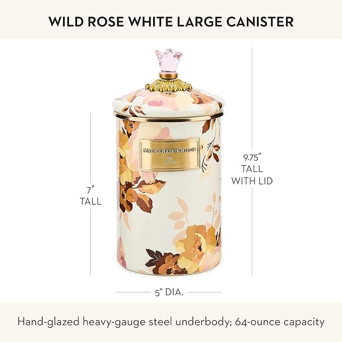 MACKENZIE-CHILDS Enamel Canister, Kitchen Storage Container with Lid, Large, Wild Rose White