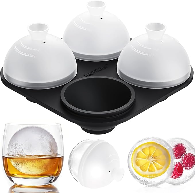 HONYAO Silicone Whiskey Ice Ball Mold - 2.4 Inch Large Ice Cube Trays Molds Silicone with Lids - Ice Sphere Maker for Cocktails, Bourbon, Rum - 4 Iceballs
