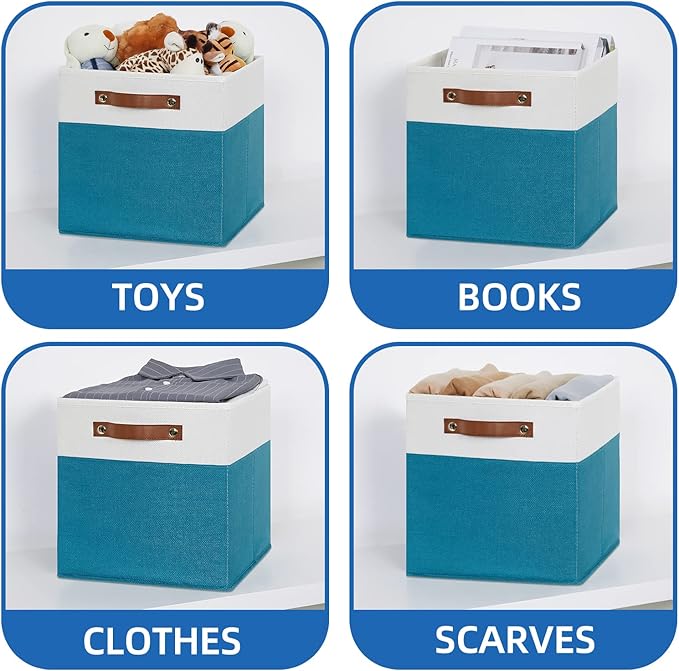 Temary Fabric Storage Bins - 12x12 Cube Baskets for Shelves & Closet with Leather Handles (White & Teal)