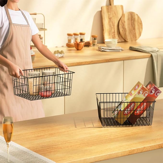 SANNO Large Freezer Baskets Metal Storage Organizer Bin Basket Wire Storage Basket for Kitchen Pantry Bathroom Large Metal Farmhouse Food Fruit Produce Organizer Bins,black,8