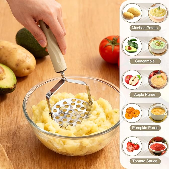 Potato Masher Stainless Steel, 2pcs Heavy Duty Mashed Potato Mashers - Masher Kitchen Tool & Food Mashers for Potatoes, Beans, Avocado, Meat, Vegetables Dishwasher Safe