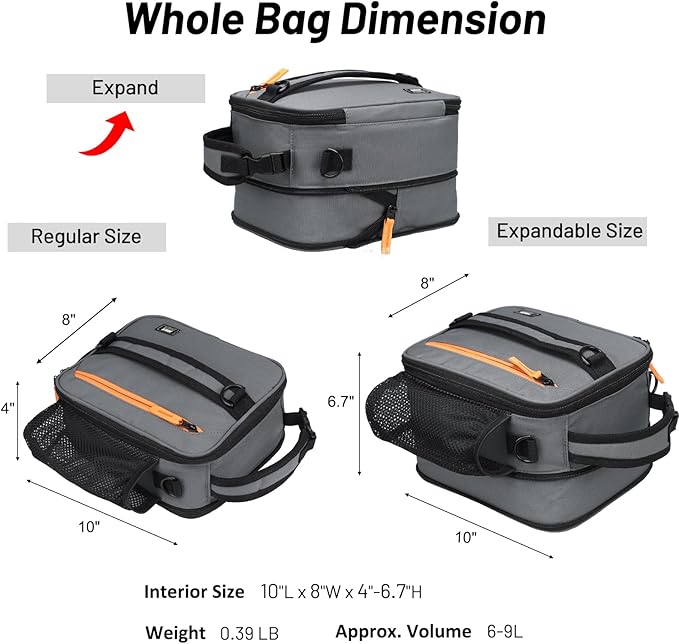 MIER Expandable Lunch Bag Insulated Lunch Box for Men to Work Travel Portable Lunchbox Bags with Shoulder Strap and Water Bottle Holder(Grey/Orange)