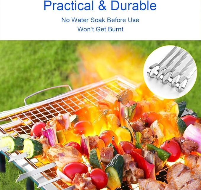 Shish Kabob Skewers, Kebab Skewers 17.7" Stainless Steel Reusable Flat BBQ Sticks for Meat Chicken Shrimp and Vegetable(10-Pack)