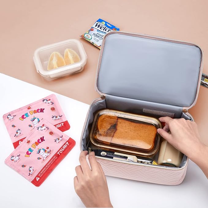 TOURIT Lunch Bag Women Double Deck Lunch Box Insulated Lunch Cooler Pink, with Reusable Long-Lasting Ice Packs, Camping Accessories, 2 Packs Pink Unicorn