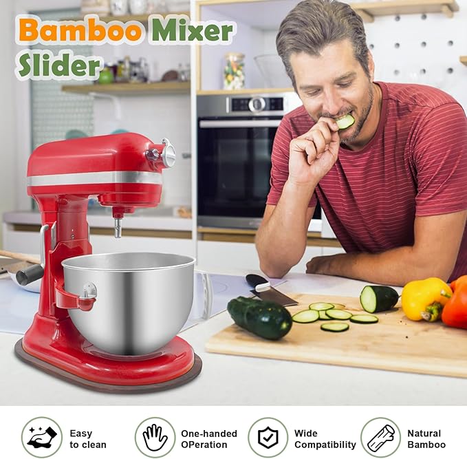 Bamboo Mixer Slider for Kitchen Aid 5-8 Qt Bowl Lift Stand Mixer, Kitchen Appliance sliding mat Countertop Storage Attachments, Mixer Accessories Sliding Tray Moving Board for Kitchen Aid (Brown)