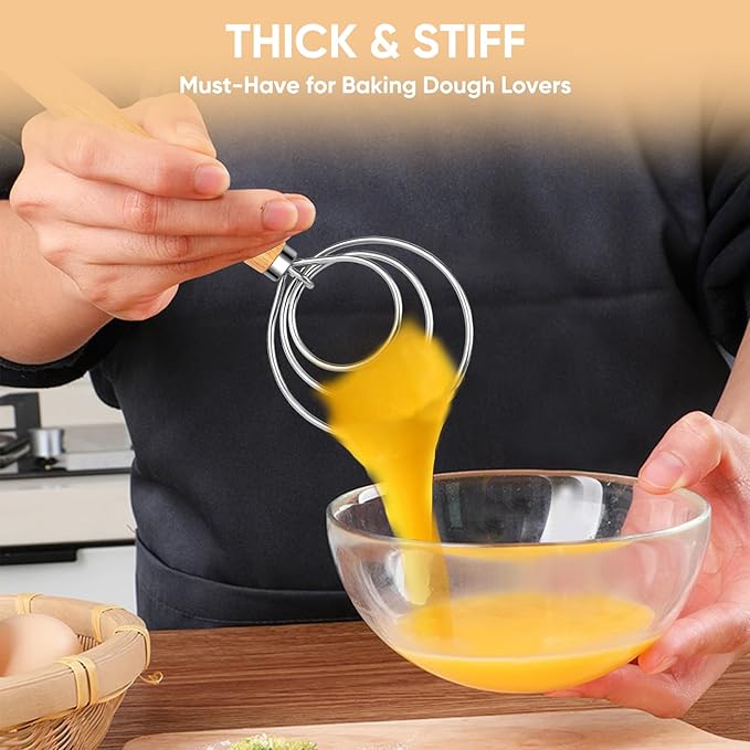 Maxjoy Danish Dough Whisk Wooden Dutch Bread Mixer with Stainless Steel Hook for Sourdough Baking Hand Tool