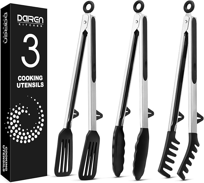 Kitchen Tongs for Cooking, 12 Inch Non Scratch Silicone Tip for Nonstick Cooking Pans, Food Grade Mini Serving Tongs, Pull Lock, Set of 3, Black