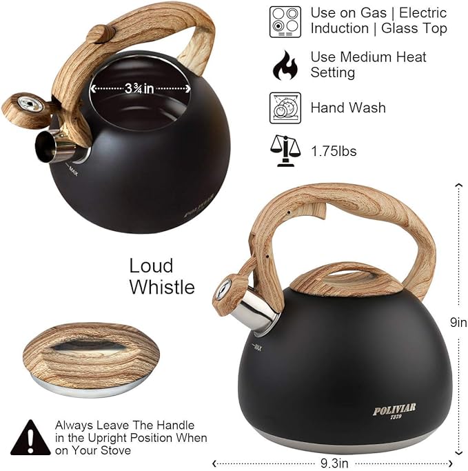 POLIVIAR Tea Kettle, Black Ti Stovetop Tea Kettle 2.7 Quart , Audible Whistling Teapot, Food Grade Stainless Steel for Anti-Rust and Anti Hot Handle, Suitable for All Heat Sources (JX2018-WB20)