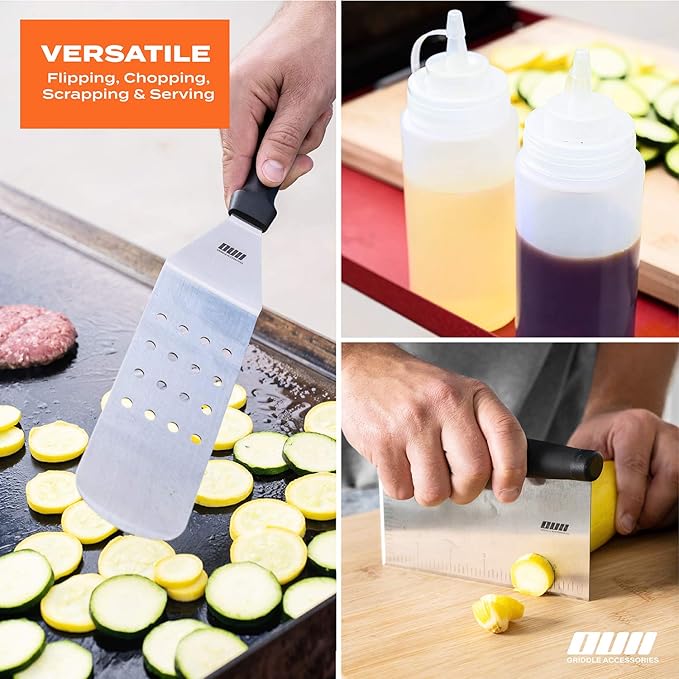 Flat Top Griddle Accessories for Blackstone and Camp Chef Griddle - 9 Pieces Set with Griddle Cleaning Kit and Carry Bag! Metal Spatula, Scraper for Hibachi and Teppanyaki Grill
