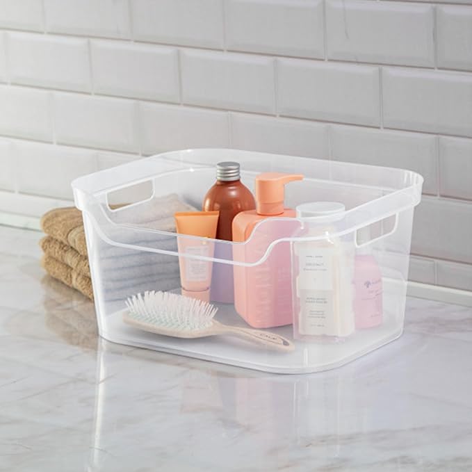 Sterilite 7 x 11 x 14.25 Inch Polished Open Scoop Front Storage Bin with Comfortable Carry Through Handles for Household Organization, Clear (18 Pack)